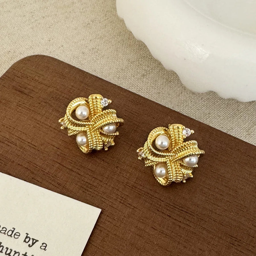 Gold Ribbon Pearl Stud Earrings