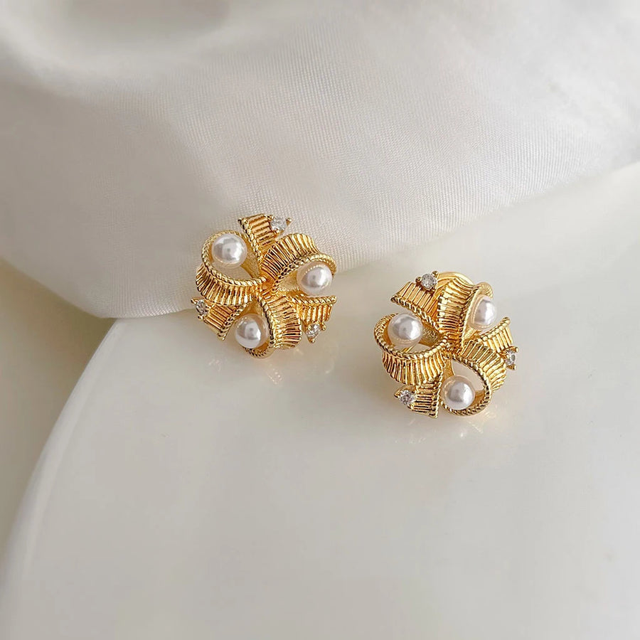 Gold Ribbon Pearl Stud Earrings