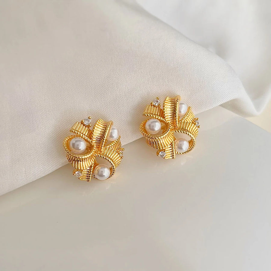 Gold Ribbon Pearl Stud Earrings