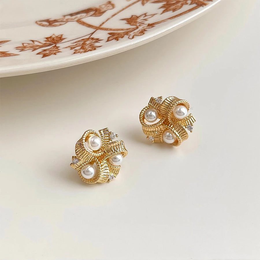Gold Ribbon Pearl Stud Earrings