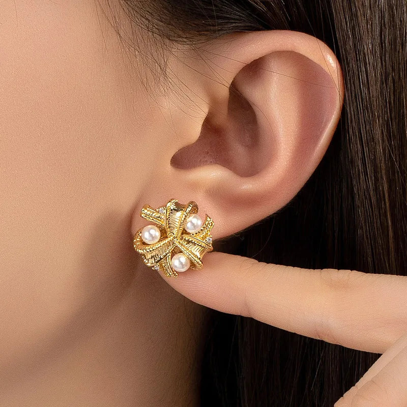 Gold Ribbon Pearl Stud Earrings