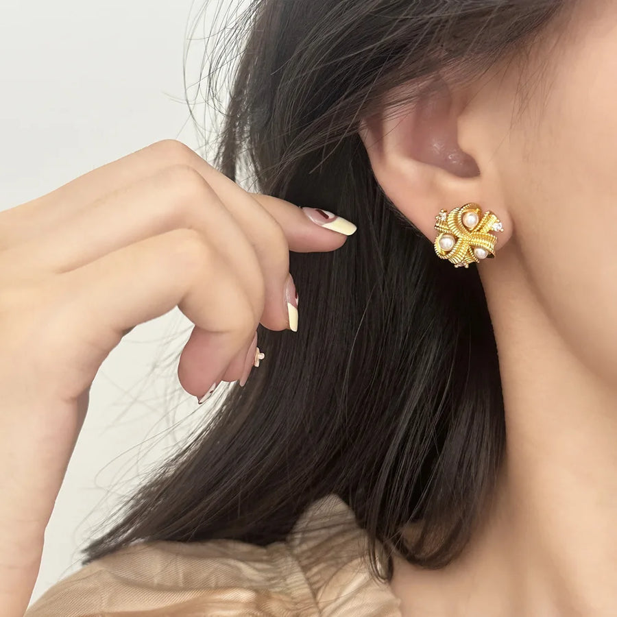Gold Ribbon Pearl Stud Earrings